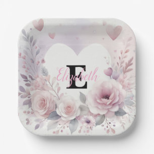 Monogram name floral hearts romantic watercolor paper plate