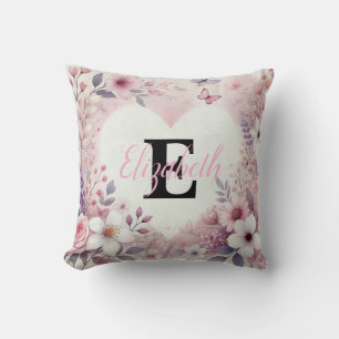 Monogram name floral hearts romantic watercolor throw pillow