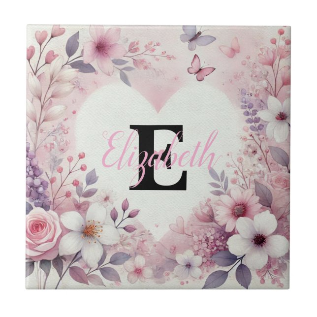 Monogram name floral hearts romantic watercolor  tile (Front)