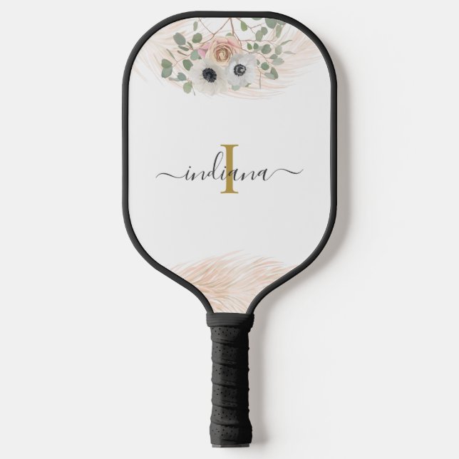 Monogram Name Floral Pampas Grass Custom Pickleball Paddle (Front)