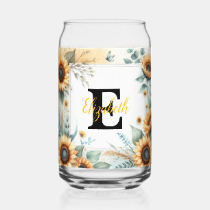 Monogram name floral sunflower pastel watercolor  can glass