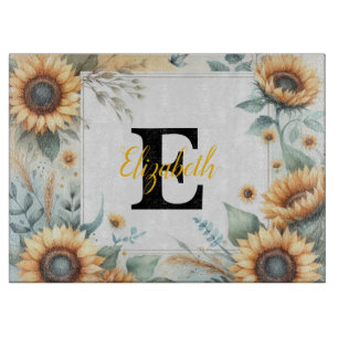 Monogram name floral sunflower pastel watercolor  cutting board