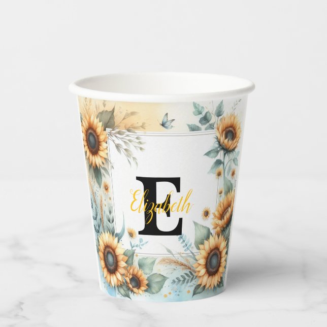 Monogram name floral sunflower pastel watercolor  paper cups (Front)