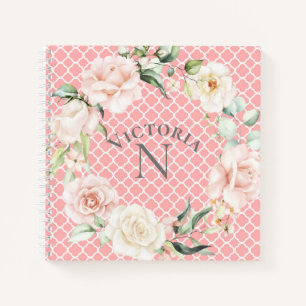 Monogram Name Floral Watercolor Damask Notebook