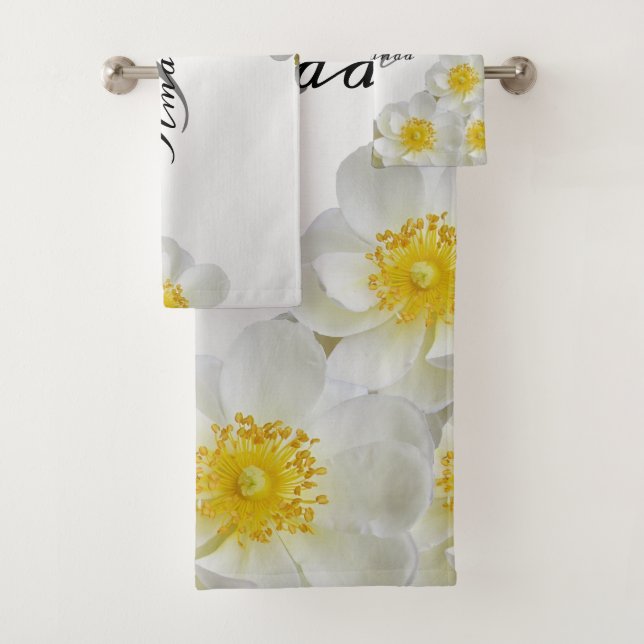 Monogram Name Floral White Silver Elegant Modern Bath Towel Set (Insitu)