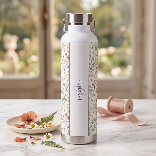 Monogram Name Floral Wildflower Boho Lavender Chic Water Bottle (Creator Uploaded)