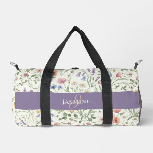 Monogram Name Floral Wildflower Pattern Gym Yoga Duffle Bag