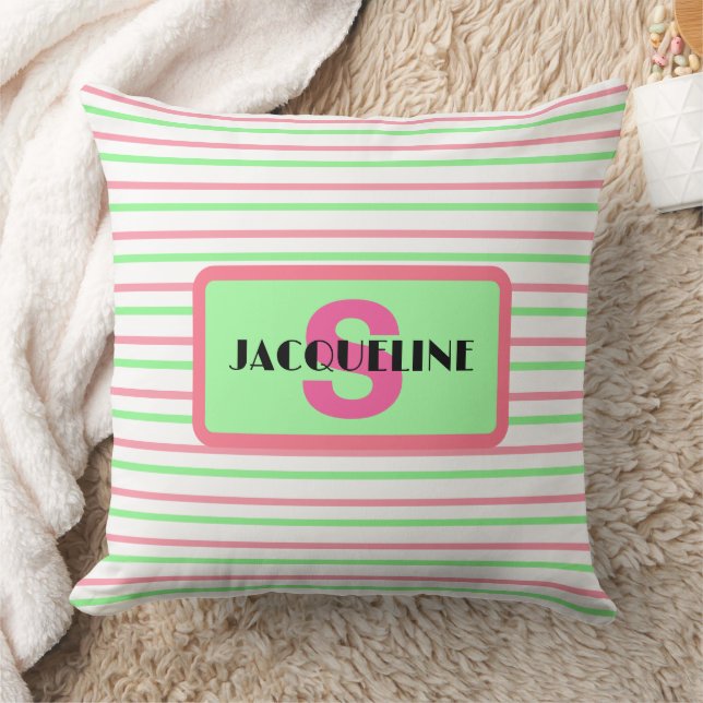 Monogram Name Geometric Stripes Pink Green White Throw Pillow (Blanket)