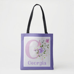 Monogram & Name Georgia with Flowers Tote Bag