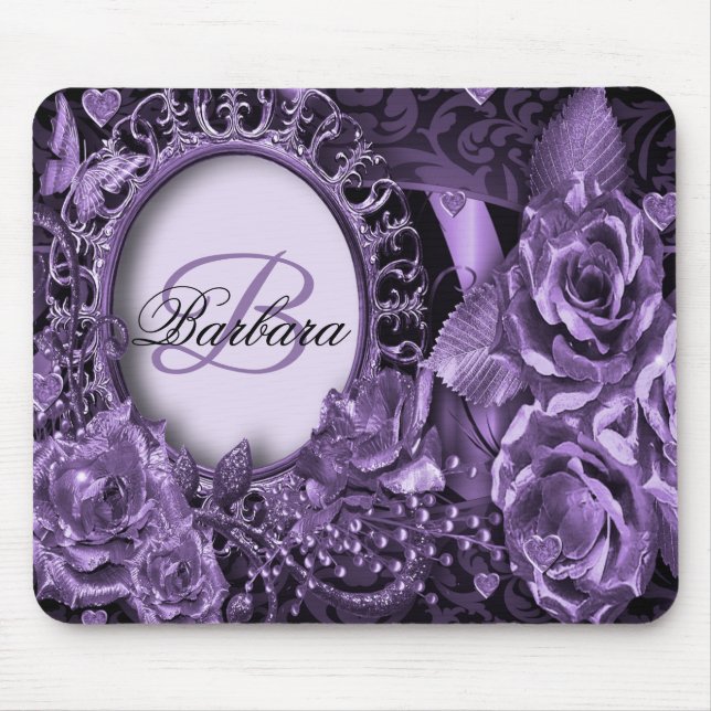 Monogram Name Gift Purple Floral Elegant Modern Mouse Pad (Front)