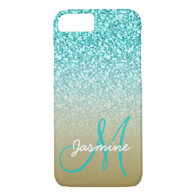 Monogram Name Girly Teal Glitter Gold Ombre Case-Mate iPhone Case (Back)