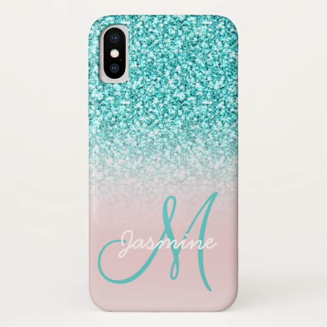 Monogram Name Girly Teal Glitter Pink Ombre Case-Mate iPhone Case (Back)