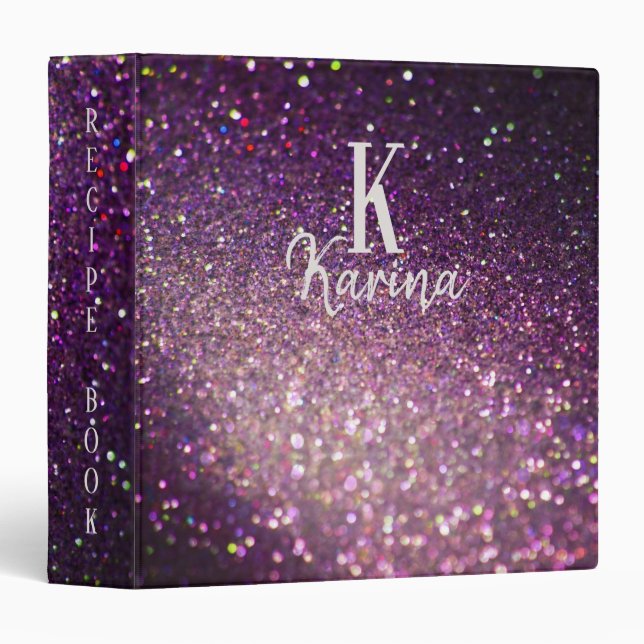 Monogram name glitter sparkle purple recipe binder (Front/Spine)