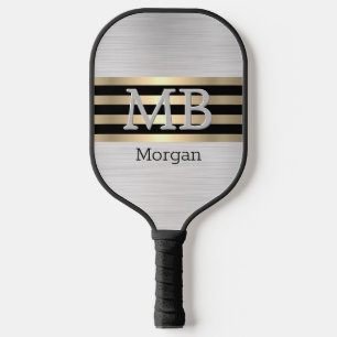 Monogram & Name, Gold/Black Stripes Brushed Silver Pickleball Paddle