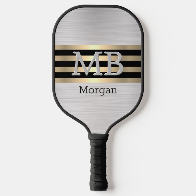 Monogram & Name, Gold/Black Stripes Brushed Silver Pickleball Paddle (Front)
