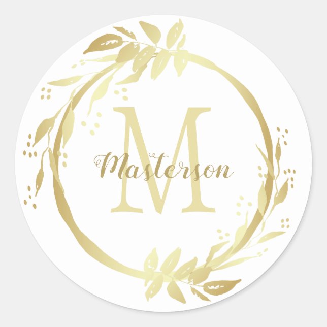 Monogram Name Gold White Christmas Wreath Classic  Classic Round Sticker (Front)