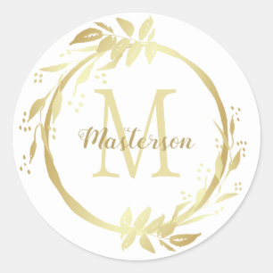 Monogram Name Gold White Christmas Wreath Classic Round Sticker