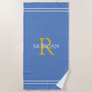 Monogram/Name, Gold/Wht Text, Wht Stripes, Blue Beach Towel