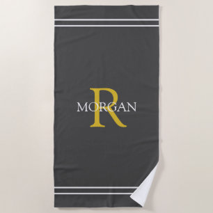 Monogram/Name Gold/Wht Text Wht Stripes, Dark Grey Beach Towel