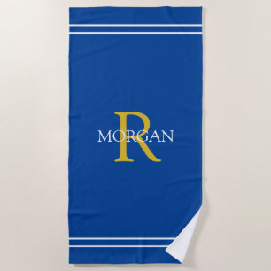 Monogram/Name Gold/Wht Text Wht Stripes, Deep Blue Beach Towel