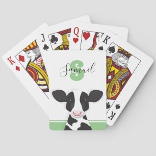Monogram Name Green Black White Animal Cow Playing Cards
