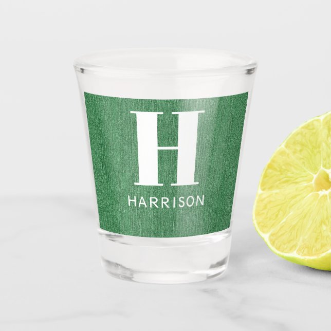 Monogram Name Green Denim Print 12oz Shot Glass (Front)