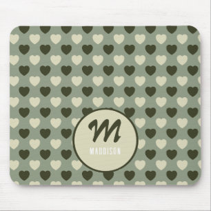 Monogram Name Green Hearts Pattern Mouse Pad