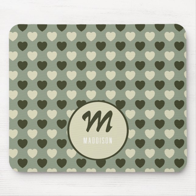 Monogram Name Green Hearts Pattern Mouse Pad (Front)