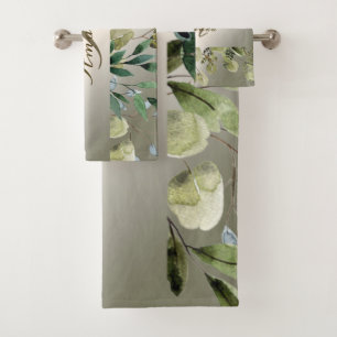 Monogram Name Green Leaves Golden Bronze Elegant Bath Towel Set