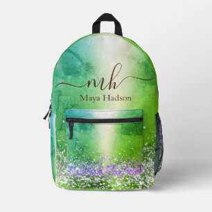 Monogram Name Green Metallic Glitter  Printed Backpack