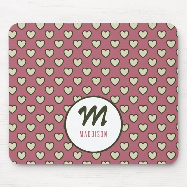 Monogram Name Green Red Hearts Pattern Mouse Pad (Front)