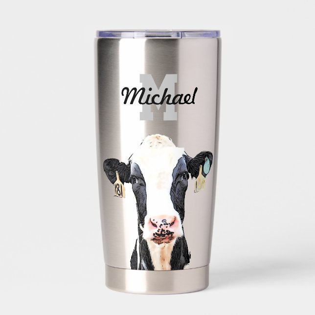 Monogram Name Holstein Cow Dairy Farm Livestock Insulated Tumbler (Front)