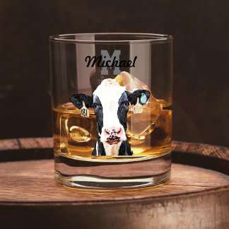 Monogram Name Holstein Cow Dairy Farm Livestock Whiskey Glass