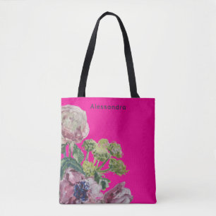 Monogram name hot pink watercolor floral bold  tote bag