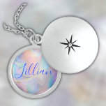 Monogram Name in Blue on Mother Of Pearl | Locket Necklace<br><div class="desc">A beautiful round locket sterling silver necklace with monogram name in blue on mother-of-pearl background.</div>