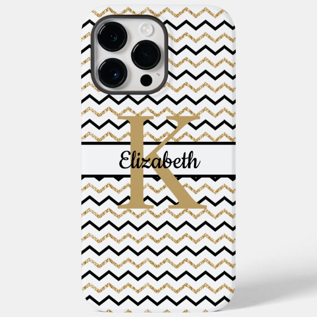 Monogram Name Initial Black Gold Chevron Zig Zag  Case-Mate iPhone Case (Back)