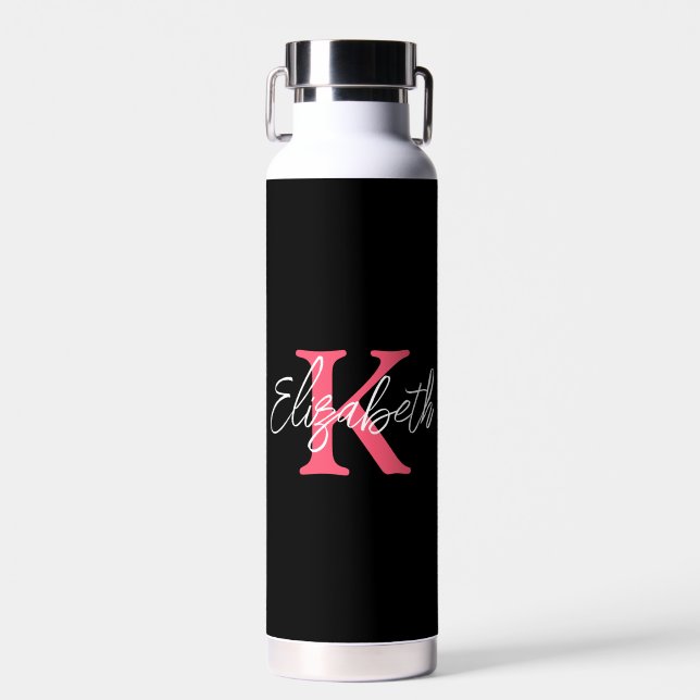 Monogram Name Initial Black Pink White Trendy  Water Bottle (Front)