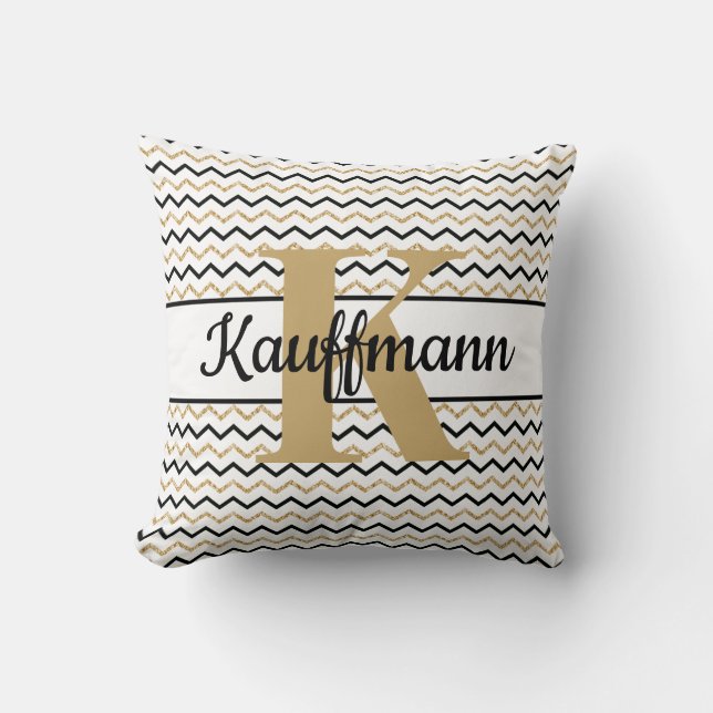 Monogram Name Initial Black White Gold Chevron Zig Throw Pillow (Front)