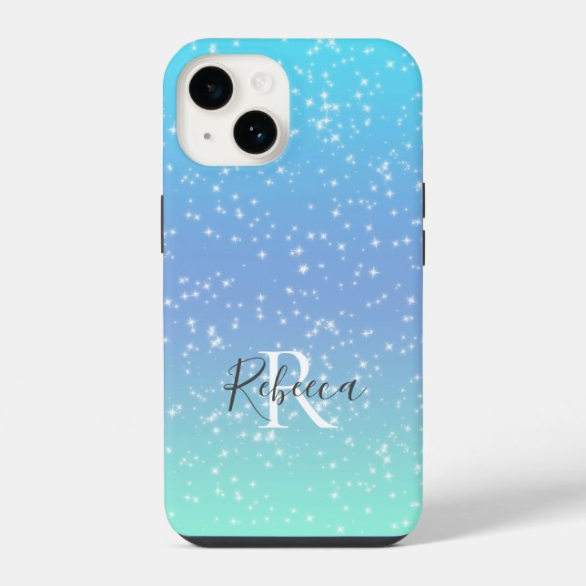 Monogram Name Initial Blue Green Sparkle Girly  iPhone Case (Back)