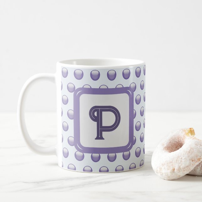 Monogram Name Initial Blue Grey Polka Dot Letter Coffee Mug (With Donut)
