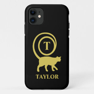 Monogram Name Initial Kitty Cat Lover Black Gold iPhone 11 Case