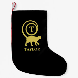 Monogram Name Initial Kitty Cat Lover Black Gold Small Christmas Stocking