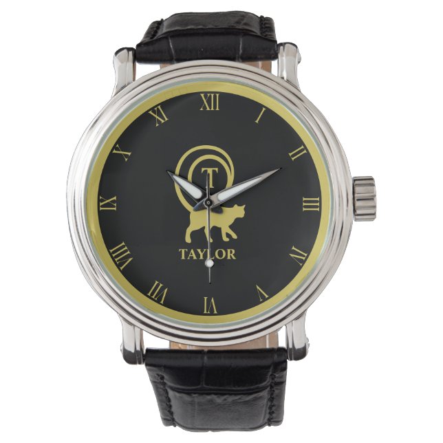 Monogram Name Initial Kitty Cat Lover Black Gold Watch (Front)