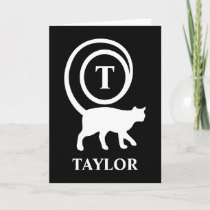 Monogram Name Initial Kitty Cat Lover Black White Card