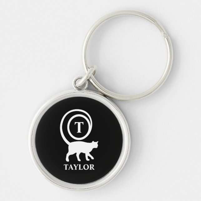 Monogram Name Initial Kitty Cat Lover Black White Keychain (Front)