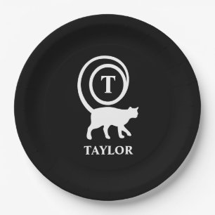 Monogram Name Initial Kitty Cat Lover Black White Paper Plate