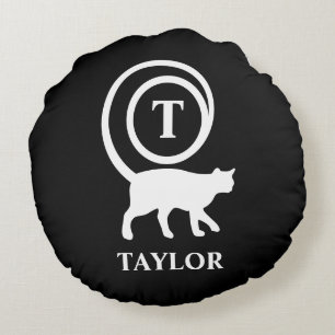 Monogram Name Initial Kitty Cat Lover Black White Round Pillow