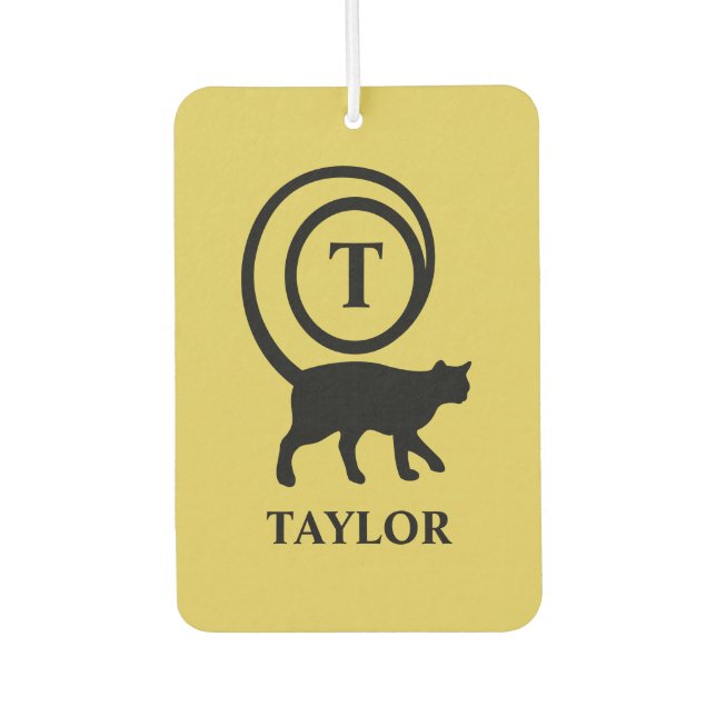 Monogram Name Initial Kitty Cat Lover Gold Black Air Freshener (Front)