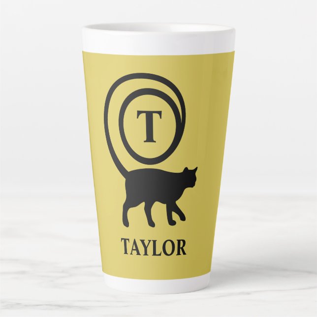 Monogram Name Initial Kitty Cat Lover Gold Black Latte Mug (Front)
