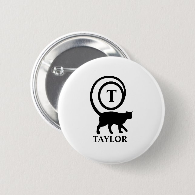 Monogram Name Initial Kitty Cat Lover White Black 2 Inch Round Button (Front & Back)